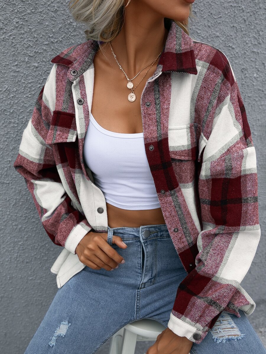 SHEIN LUNE Chaquetón De Hombro Caído De Cuadros Con Bolsillo De Solapa - Multicolor - Ver 1