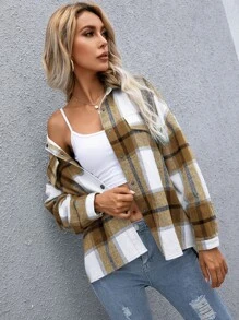 SHEIN LUNE Plaid Flap Pocket Drop Shoulder Jacket - Multicolor - View 3