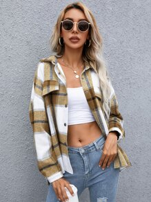 SHEIN LUNE Plaid Flap Pocket Drop Shoulder Jacket - Multicolor - View 5
