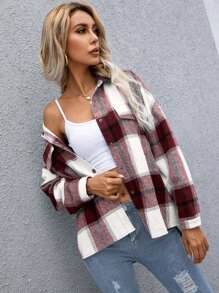 SHEIN LUNE Chaquetón De Hombro Caído De Cuadros Con Bolsillo De Solapa - Multicolor - Ver 5