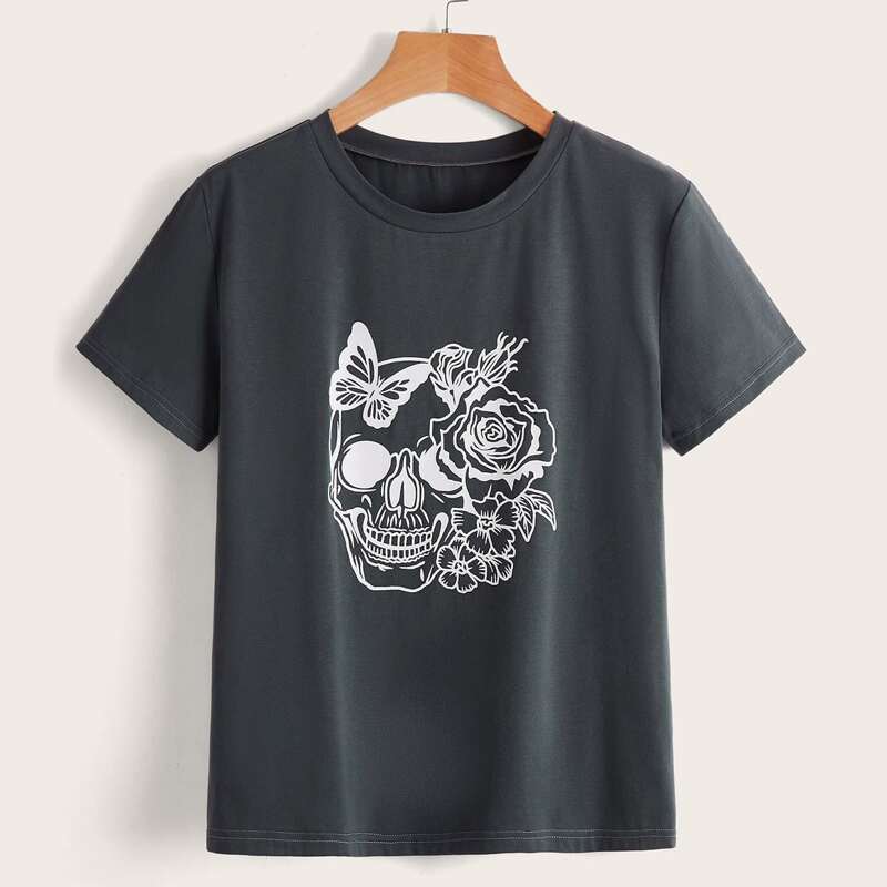 

Floral & Skull Graphic Tee, Dark grey