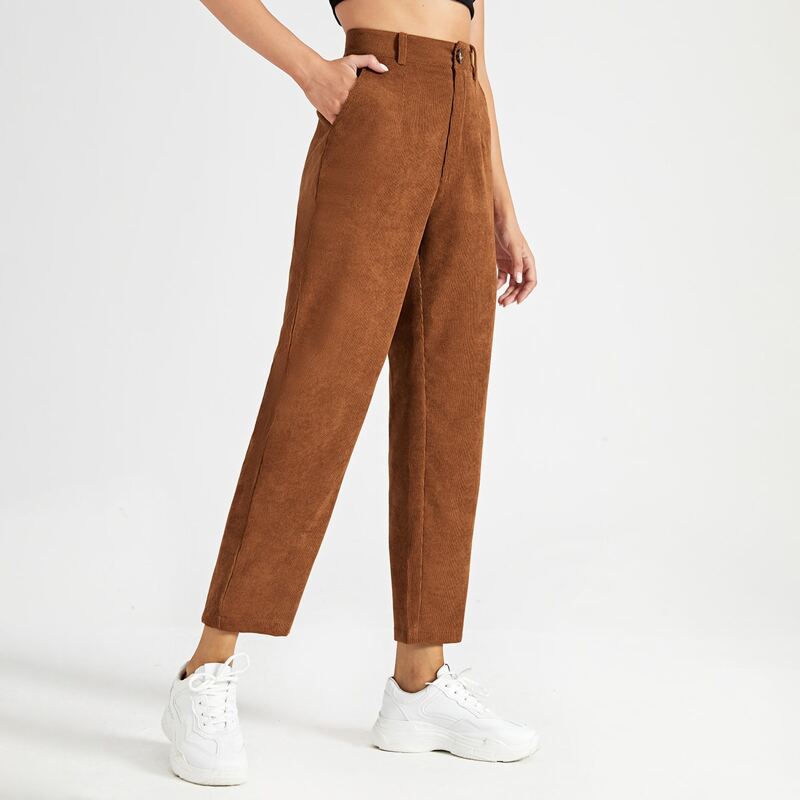

Solid Corduroy Straight Leg Pants, Brown
