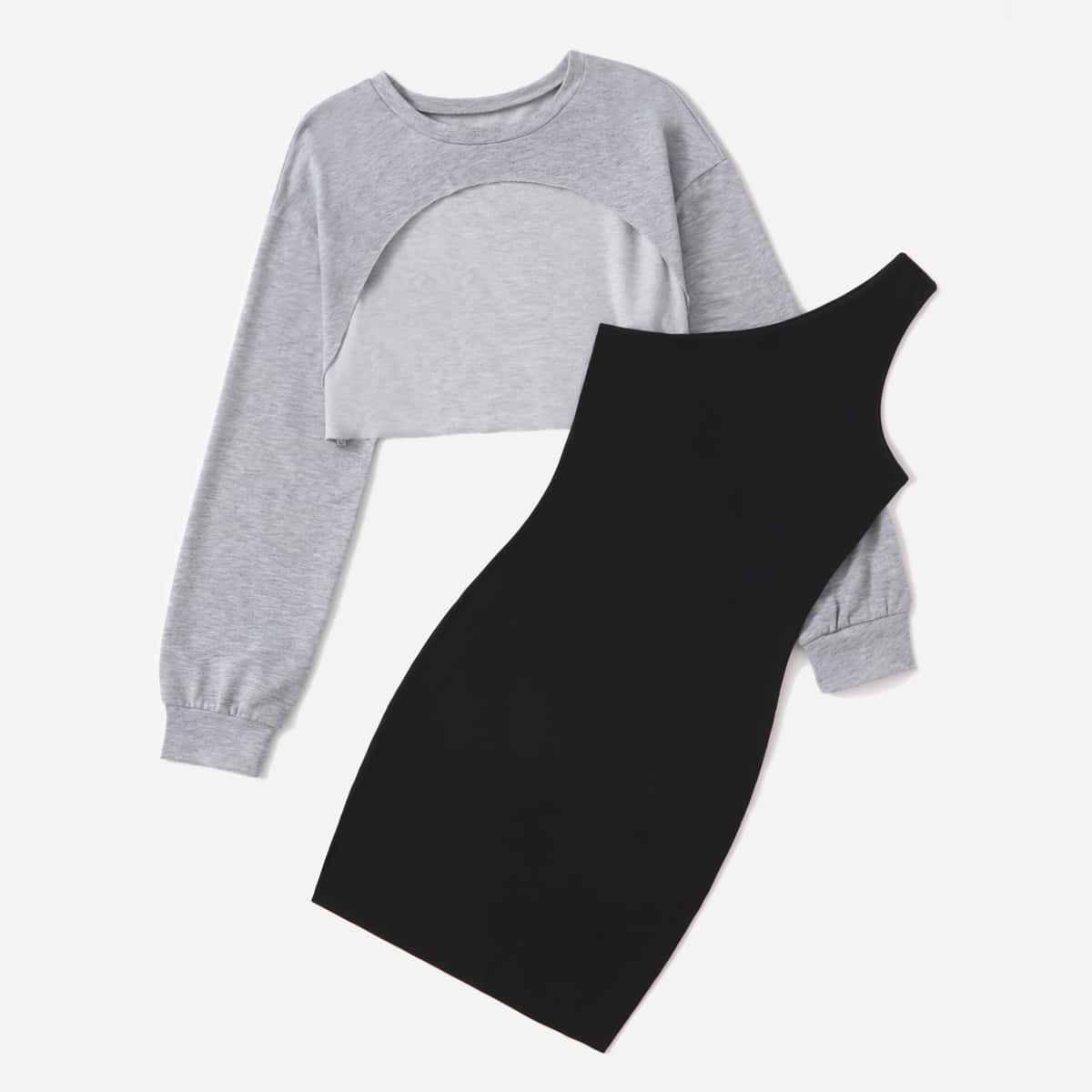 

Solid Super Crop Sweatshirt & One Shoulder Dress, Multicolor