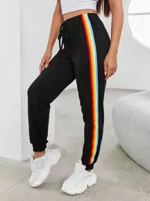 Rainbow Striped Knotted Joggers - Black - View 1