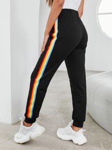 Rainbow Striped Knotted Joggers - Black - View 2