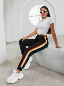 Rainbow Striped Knotted Joggers - Black - View 3