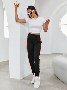 Rainbow Striped Knotted Joggers - Black - View 5