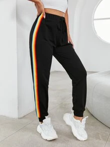 Rainbow Striped Knotted Joggers - Black - View 6