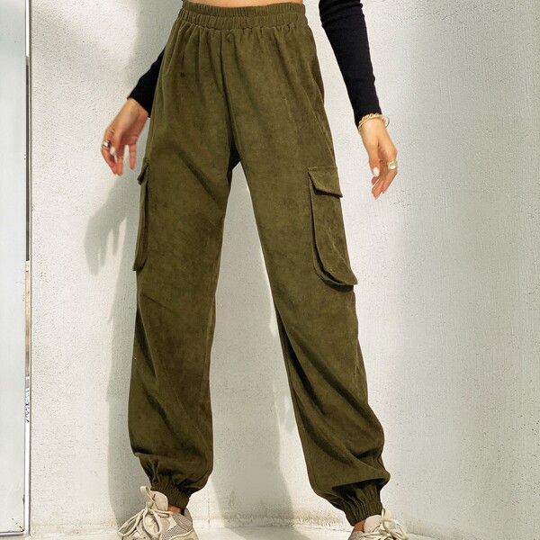 

Flap Pocket Elastic Waist Corduroy Pants, Army green