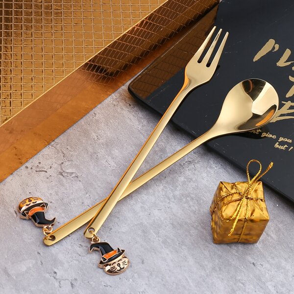 

2pcs Halloween Pendant Decor Spoon & Fork, Gold