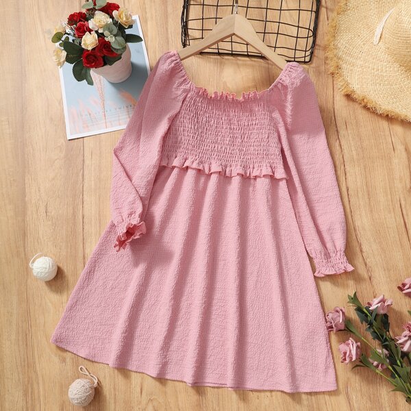 

Girls Frill Trim Shirred Flounce Sleeve Dress, Pink