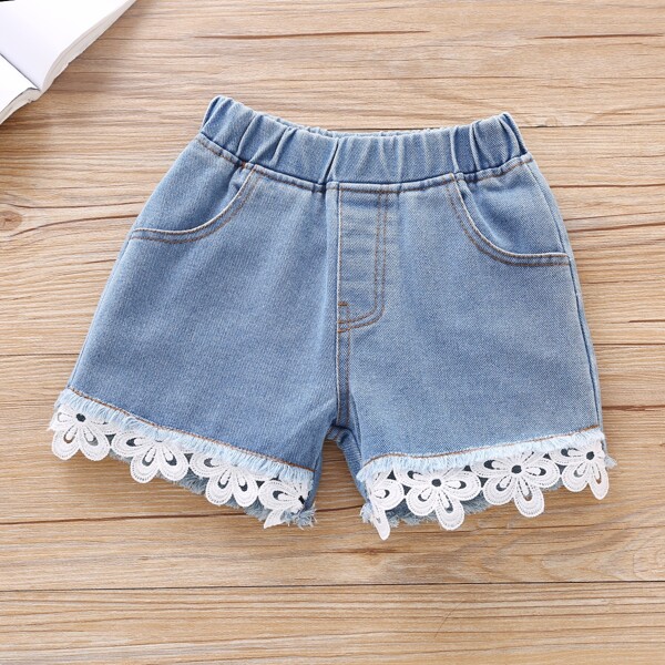 

Toddler Girls Contrast Lace Denim Shorts, Medium wash