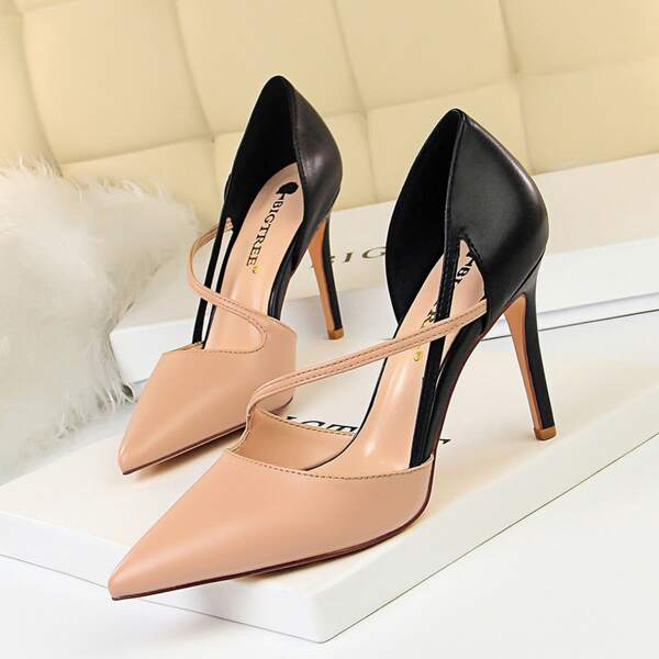 

Two Tone Cross Strap Stiletto Court Heels, Apricot