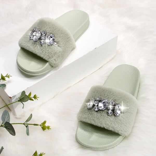 

Fluffy Gemstone Decor Slippers, Mint green