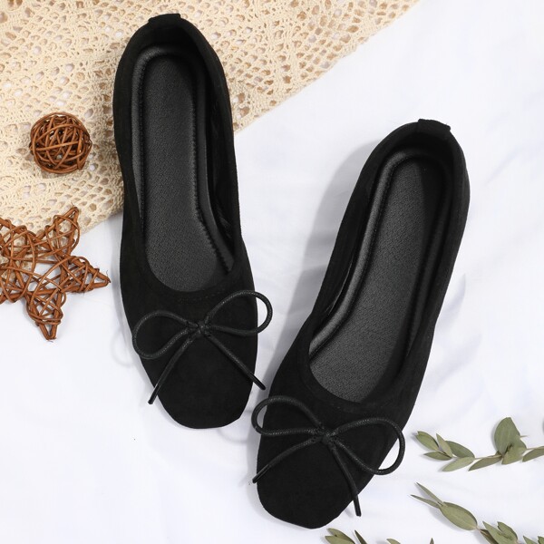 

Suede Bow Decor Ballet Flats, Black