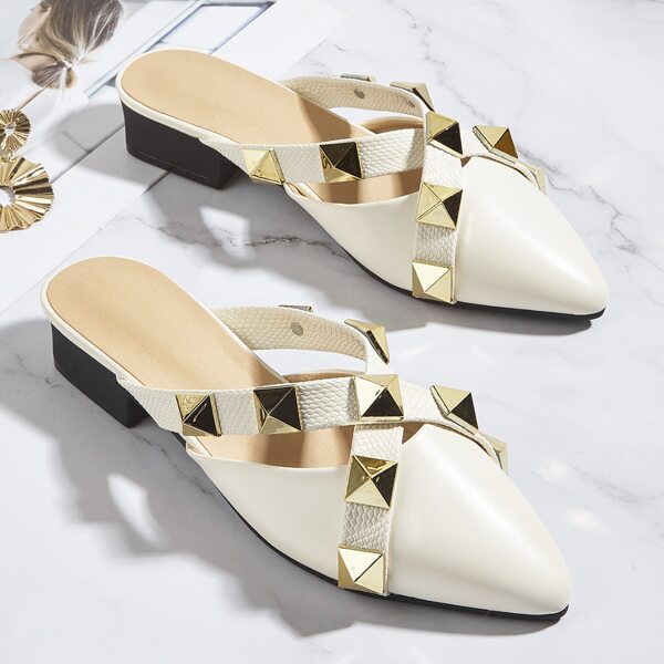 

Studded Decor Flat Mules, Beige