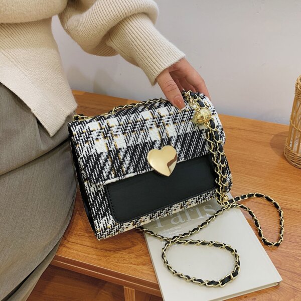 

Tartan Flap Shoulder Bag, Black