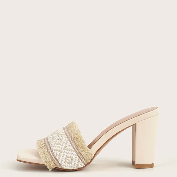 

Fringe Trim Chunky Heeled Mules, Beige