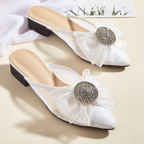 

Rhinestone & Bow Decor Flat Mules, White