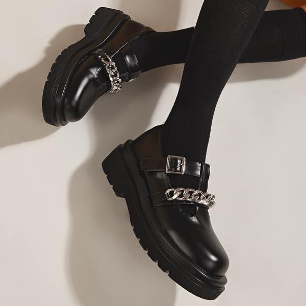 

Solid Buckle & Chain Decor Mary Janes, Black