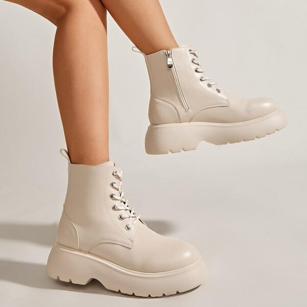 

Lace Up Front Platform Boots, Beige