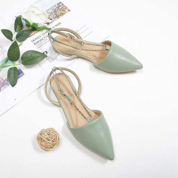 

Point Toe Chain Detail Strappy Flats, Green