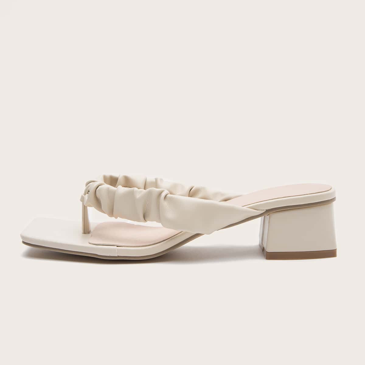 

Minimalist Ruched Design Chunky Heeled Thong Sandals, Beige