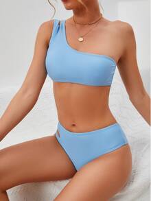 Conjunto de bikini de un hombro recortado - Celeste - Ver 6