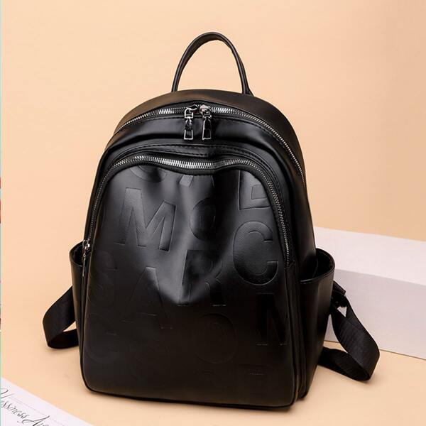 

Minimalist Letter Embossed Functional Backpack, Black