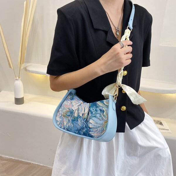 

Floral Graphic Ruched Design Shoulder Bag, Blue