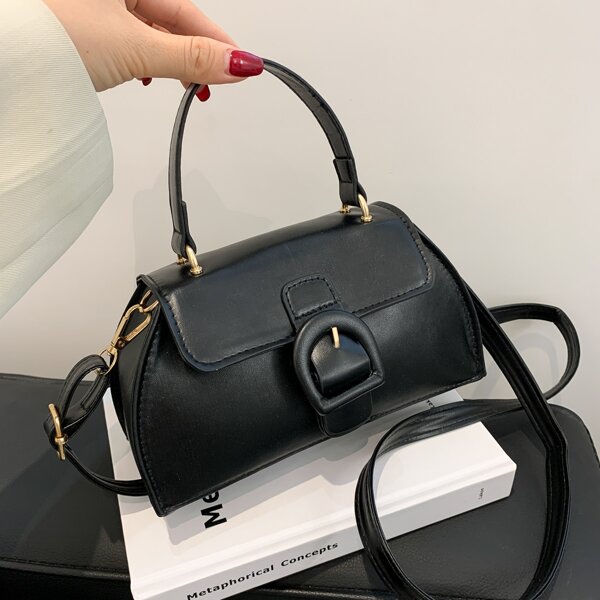 

Minimalist Buckle Decor Satchel Bag, Black