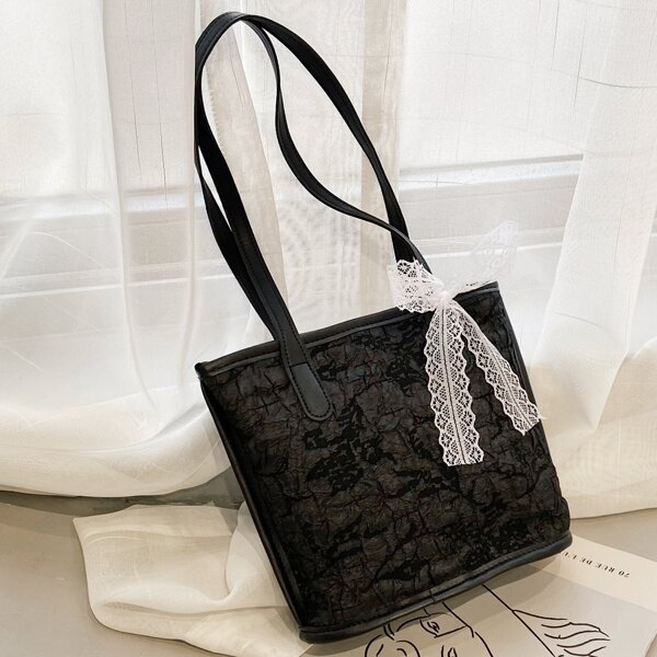 

Lace Decor Textured Tote Bag, Black