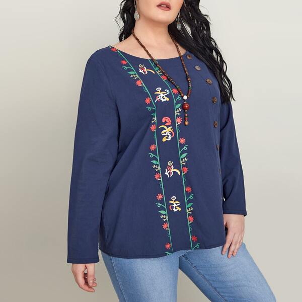 

Plus Floral Print Button Front Blouse, Blue