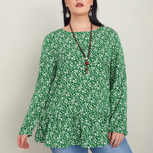 

Plus All Over Floral Print Ruffle Detail Blouse, Green