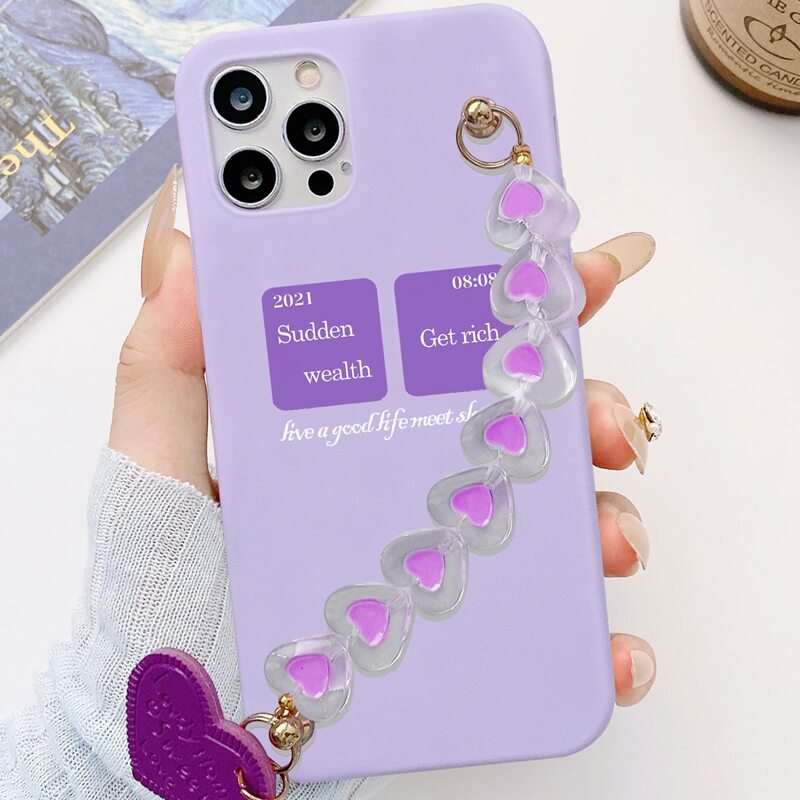 

Letter Graphic Phone Case With Heart Hand Strap, Multicolor