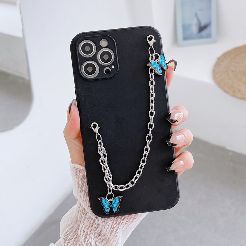 

Butterfly Decor Chain Hand Strap Phone Case, Black and white