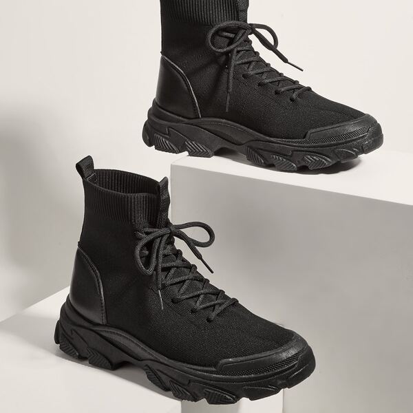 

Knit Detail Lace-up Front Chunky Boots, Black