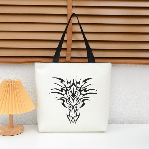 

Dragon Graphic Shoulder Tote Bag, White
