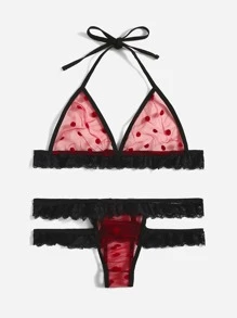 Polka Dot Mesh Lace Trim Lingerie Set - Multicolor - View 1