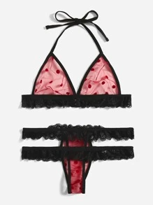 Polka Dot Mesh Lace Trim Lingerie Set - Multicolor - View 2