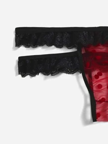 Polka Dot Mesh Lace Trim Lingerie Set - Multicolor - View 3