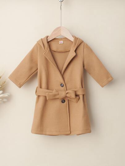Baby Solid Belted Button Front Hooded Overcoat