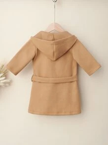 嬰兒素色腰帶前紐扣連帽花呢外套