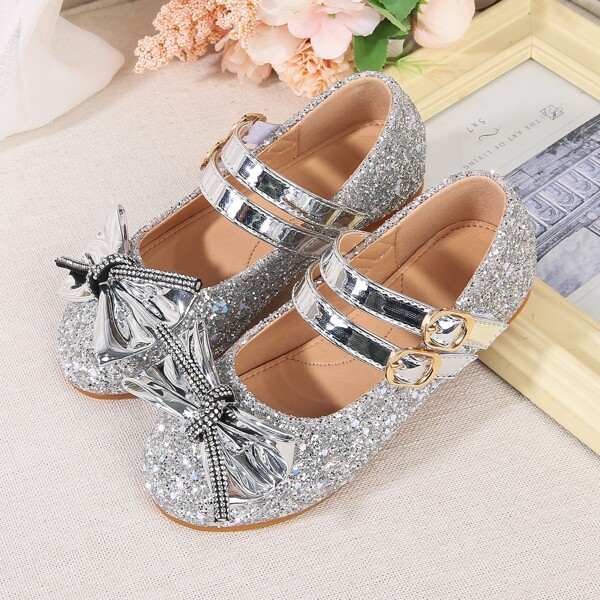 

Girls Bow Decor Glitter Flats, Silver