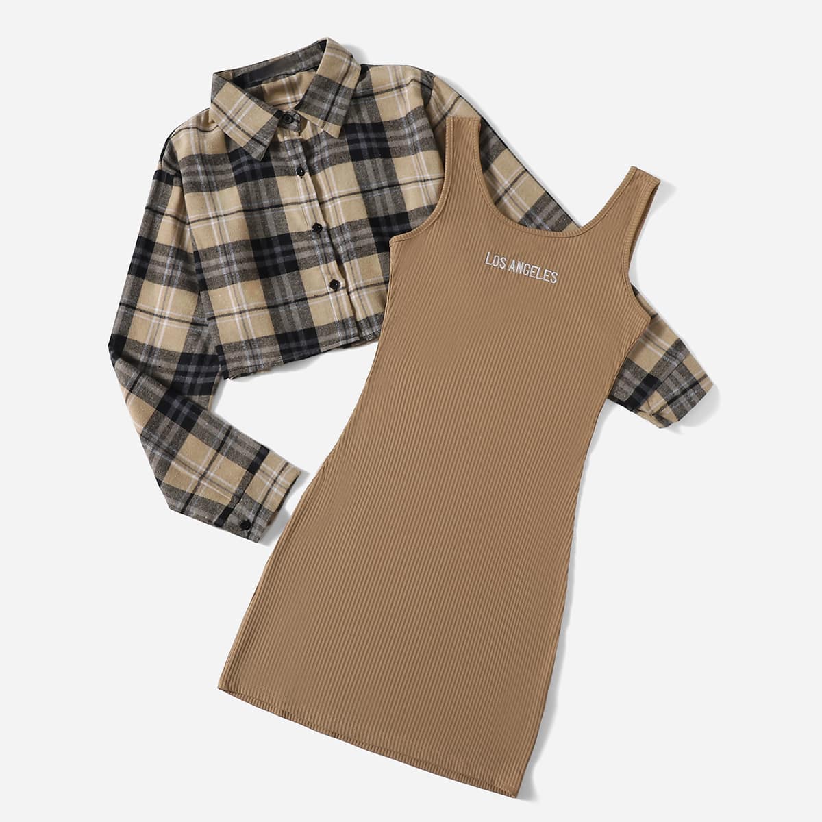

Plaid Print Blouse & Letter Print Tank Dress, Multicolor