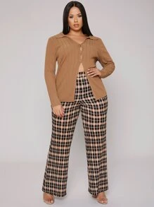 Plus Button Up Cardigan - Khaki - View 1