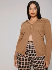 Plus Button Up Cardigan - Khaki - View 4