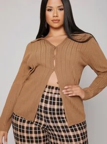 Plus Button Up Cardigan - Khaki - View 5