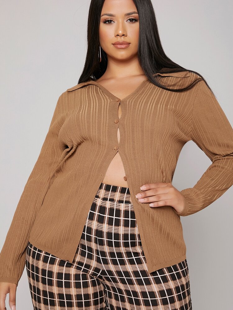 Plus Button Up Cardigan - Khaki - View 5