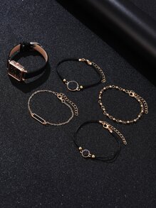 1入組極簡風格方形指針石英手錶和4入組手環 - 玫瑰金 - 查看 3